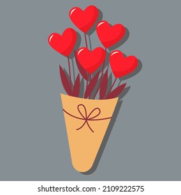 Bouquet of flowers in the form of hearts. Day of love. valentine's day. A greeting card with a declaration of love. A flat vector image on a gray background.
