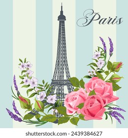 Bouquet of flowers and France.Vector illustration with flowers and Eiffel Tower on a striped background.