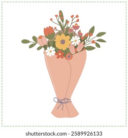 Bouquet of flowers. A bouquet of garden flowers, featuring wildflowers and greenery. Vector floral decoration. March 8, Mother's Day and greeting card	
