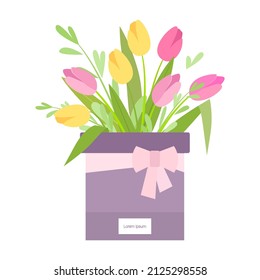 A bouquet of flowers in a gift box with a bow. Yellow and pink tulips. Gift bouquet for the holiday. Hand drawn vector illustration, isolated on white background