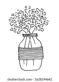 Bouquet flowers in glass jar, black lines art, isolated on white background. Illustration for invitation, greeting cards, wedding decor.