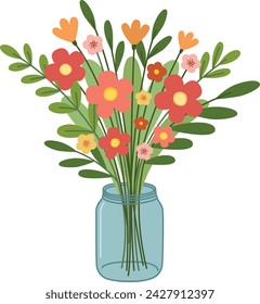 Bouquet of flowers in a glass jar. Vector colorful illustration in flat style