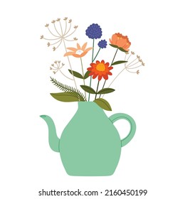 Bouquet of flowers in a green teapot.Colorful flowers.Gift.Eustoma,rose,bell,berries,branch, hogweed.