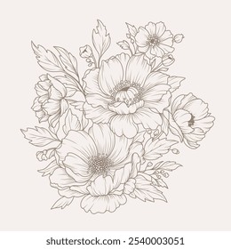 Ramo de flores. Dibujado a mano patrón floral en estilo de arte de línea. Ilustración vectorial con elegantes flores, ramas y hojas