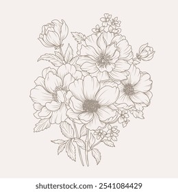 Ramo de flores. Dibujado a mano patrón floral en estilo de arte de línea. Ilustración vectorial con elegantes flores, ramas y hojas