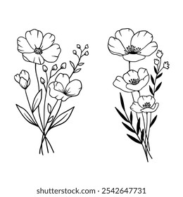 Ramo de flores. Conjunto de flores dibujadas a mano. Ilustración plana de Vector de silueta. Dibujo de contorno. Ilustración vectorial de línea. Aislado sobre fondo blanco. Bueno para carteles, camisetas, postales.