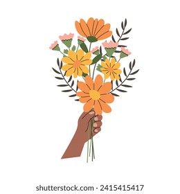 Un ramo de flores. La mano sostiene un ramo de flores aislado en un fondo blanco. Ilustración vectorial en estilo plano. Flores silvestres románticas.