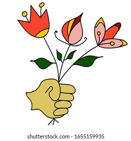 Ramo de flores en la mano. Dibujo de vectores para el 8 de marzo