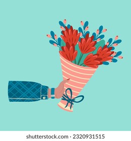 	
Bouquet of flowers in hands. Illustration of hand holding flowers. Design element for greeting card, invitation, print, sticker. Illustration for birthday, mother's day, valentine's and woman's day