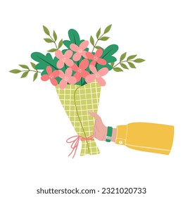 Bouquet of flowers in hands. Illustration of hand holding flowers. Design element for greeting card, invitation, print, sticker. Illustration for birthday, mother's day, valentine's and woman's day.