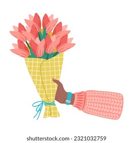 Bouquet of flowers in hands. Illustration of hand holding flowers. Design element for greeting card, invitation, print, sticker. Illustration for birthday, mother's day, valentine's and woman's day.