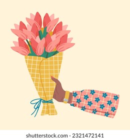 Bouquet of flowers in hands. Illustration of hand holding flowers. Design element for greeting card, invitation, print, sticker. Illustration for birthday, mother's day, valentine's and woman's day.