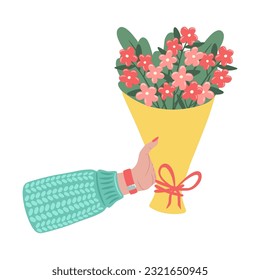 Bouquet de flores en las manos. Ilustración de la mano sosteniendo flores. Elemento de diseño para tarjeta de saludo, invitación, impresión, pegatina. Ilustración de cumpleaños, día de la madre, día de San Valentín y día de la mujer.