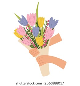 Bouquet of flowers in hands. Illustration of hand holding flowers. Design element for greeting card, invitation, print, sticker. Illustration for birthday, mother's day, valentine's and woman's day.