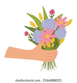 Bouquet of flowers in hands. Illustration of hand holding flowers. Design element for greeting card, invitation, print, sticker. Illustration for birthday, mother's day, valentine's and woman's day.