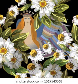 A bouquet of flowers with a Harpy as a direct source of artistic inspiration. Watercolor seamless pattern.