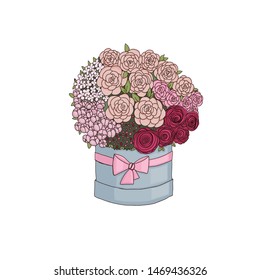 a bouquet of flowers in a hat box vector hand drawn