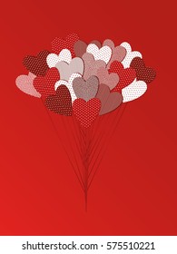 Bouquet of flowers in a heart shape. Greeting card for Valentine's Day. Vector illustration. Empty space for your ad or text.  On a red background