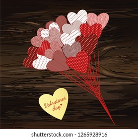 Bouquet of flowers in a heart shape and yellow sticker for Valentine's Day. Vector illustration. Empty space for your ad or text.  On a wooden background