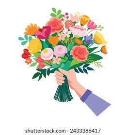 A bouquet of flowers in her hand. Vector illustration on white background. Colorful, various flowers.