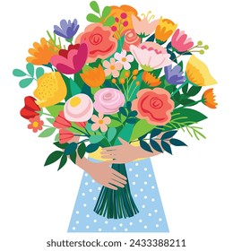 Un ramo de flores en su mano. Ilustración vectorial sobre fondo blanco. Flores coloridas y variadas.