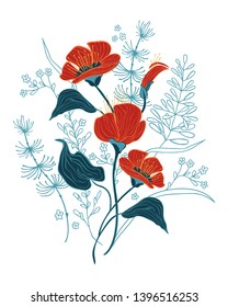 A bouquet of flowers and herbs on a white background. Vector illustration.