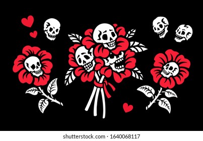 Bouquet of flowers with human skulls. Gothic flowers and hearts. Isolated on a black background. Greeting card for Valentine's Day. Also great for Halloween.