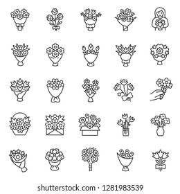 Bouquet Of Flowers, Icon Set. Flower Bouquets, Linear Icons. Making, Packaging, Delivery, And Present Of Flowers. Line With Editable Stroke