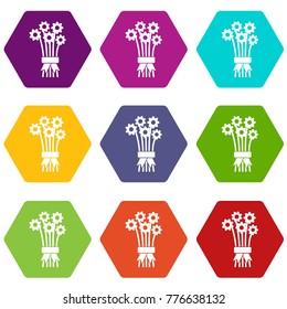 Bouquet of flowers icon set many color hexahedron isolated on white vector illustration