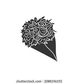 Bouquet Flowers Icon Silhouette Illustration. Romantic Floral Vector Graphic Pictogram Symbol Clip Art. Doodle Sketch Black Sign.
