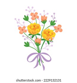 Bouquet of flowers. Illustration of summer floral collection with blossoms and greenery. Cartoon bunch of plants with bow isolated on white. Romantic gift