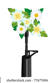 A bouquet of flowers inserted into the barrel of an automatic weapon
