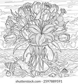 A bouquet of flowers in a jar on the seashore near sea shells.Coloring book antistress for children and adults. Illustration isolated on white background.Zen-tangle style. Hand draw