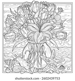 A bouquet of flowers in a jar on the seashore near sea shells in a square frame.Coloring book antistress for children and adults. Illustration isolated on white background.Zen-tangle style. Hand draw