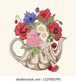 Bouquet of flowers in kettle. Vector illustration.