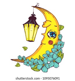 Bouquet of Flowers, Lantern, Moon. Use for Your Design, decorating article, website, book, magazine, postcards. Image is grouped and convenient to use. Colorful hand drawn vector stock illustration. 