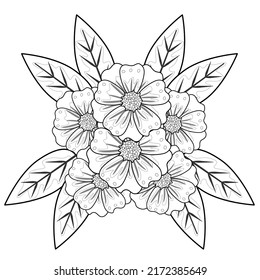 Bouquet Flowers And Leave Hand Draw Flower Drawing In Black And White For Adult Coloring Book.