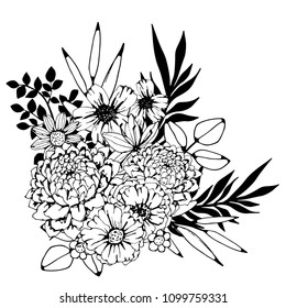 Bouquet. Flowers, leaves. Black, hand drawn isolated on white background