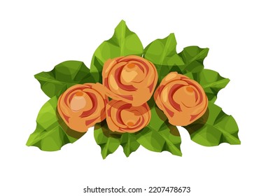 Bouquet of flowers with leaves, garland composition in cartoon style, elegant peony or roses isolated on white background