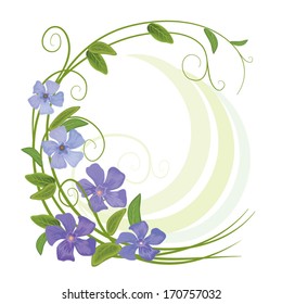 Bouquet from flowers and leaves of periwinkle on a white background with a area for you text. Card. Scope. Postal. Banner. Border