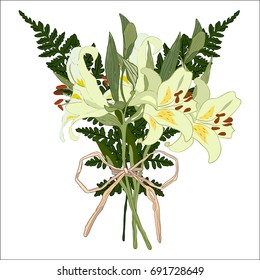 Bouquet of Flowers with Lilly and Fern leaf isolated on white.