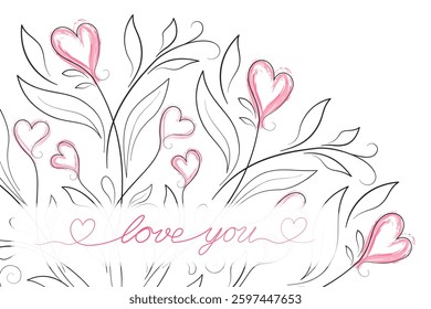 Bouquet of flowers in line art style. Romantic greeting card with flowers and pink hearts. Greeting card with romantic inscription. Monochrome black graphic floral design of fine curved flowers