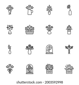 Bouquet of flowers line icons set, outline vector symbol collection, linear style pictogram pack. Signs, logo illustration. Set includes icons as tulip bouquet, wedding flowers basket