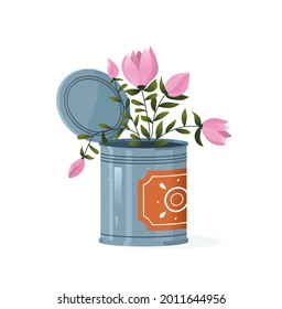 Bouquet Of Flowers In A Metal Tin Can