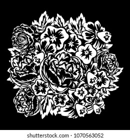 bouquet of flowers monochrome for postcards, congratulations, price tags