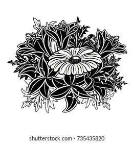 bouquet of flowers monochrome for postcards, congratulations, price tags