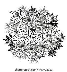 bouquet of flowers monochrome for postcards, congratulations, price tags