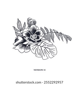 Bouquet of flowers with monstera leaves and fern. Hand drawn vector illustration in graphic style. For cards, invitations, labels, posters, tattoo.