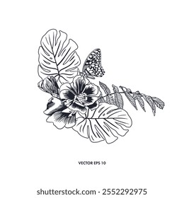 Bouquet of flowers with monstera leaves, fern and sitting butterfly. Vector illustration. Graphics. For cards, invitations, labels, posters, tattoo.