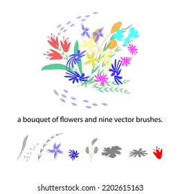 a bouquet of flowers and nine vector brushes. high quality. isolated on a white background. For your design project.